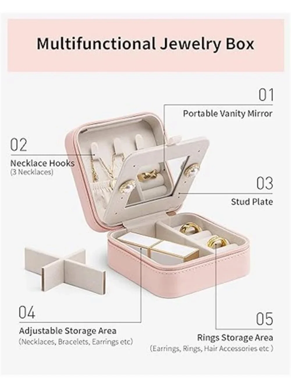 Pink Travel Jewelry Box Organizer Mirror Small Case Rings Earrings Necklace